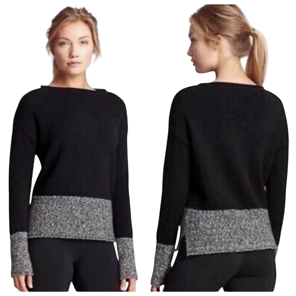 Athleta Wool Colorblock Black Grey Pullover Sweater Size Medium Chunky Knit